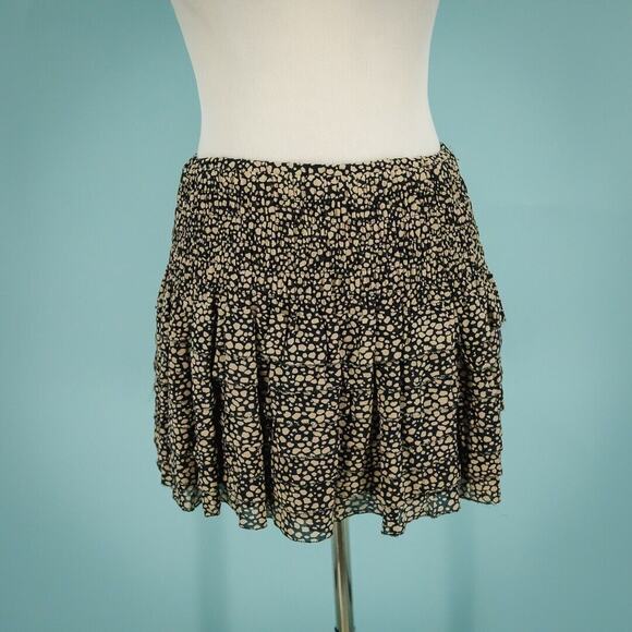 Ulla Johnson Size 2 Black Tan Print Smocked Elastic Pull On Layered Silk Skirt - Picture 2 of 7